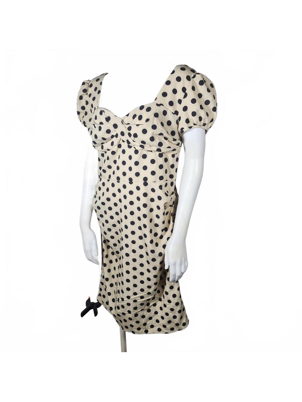 Retro Stage 60's Style Polka Dot Puff Sleeve Dress in Beige and Black, Size 2XL - Picture 3 of 7